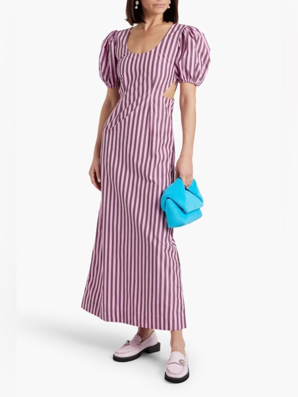 NWT Ganni Cutout Bonbon Purple Brown striped cotton-poplin maxi dress Sz 4